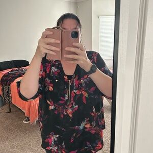 Torrid Black and Pink Graphic 3/4 Sleeve Blouse